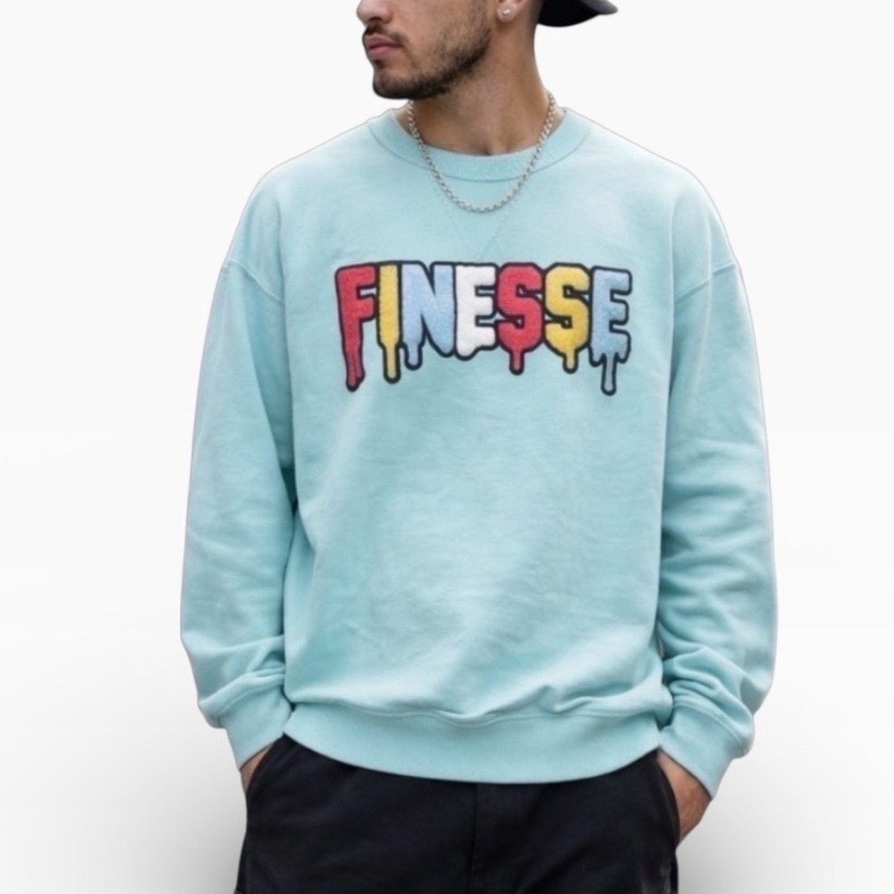 3 forty inc Crewneck Sweatshirt Aqua Blue Finesse Drip‎ Patch Unisex Large